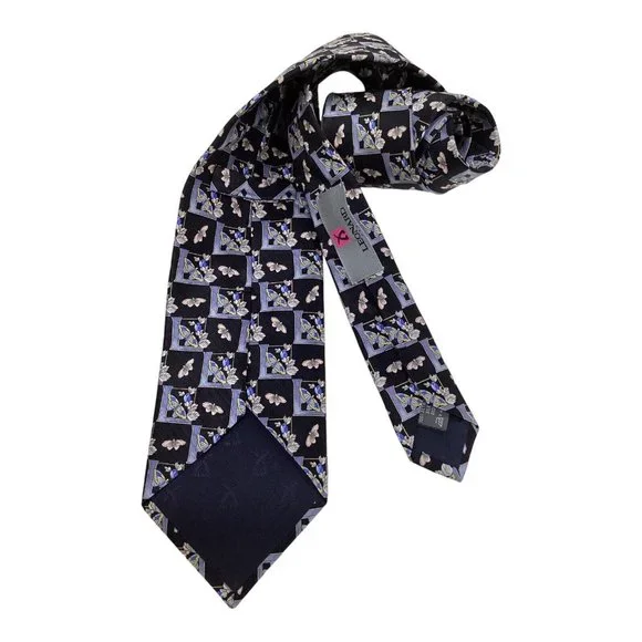 LEONARD PARIS Black Butterfly Print Silk Tie Made In Italy 59-3.75 EX COND